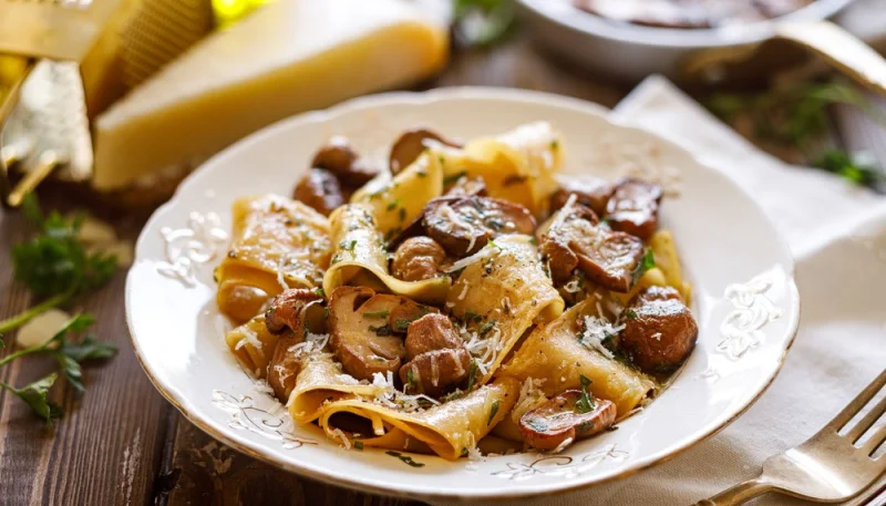 Pappardelle ai funghi e crema di ricotta